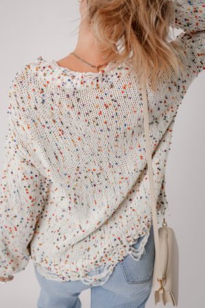 White Colorful Confetti Distressed Knit Sweater - Image 4