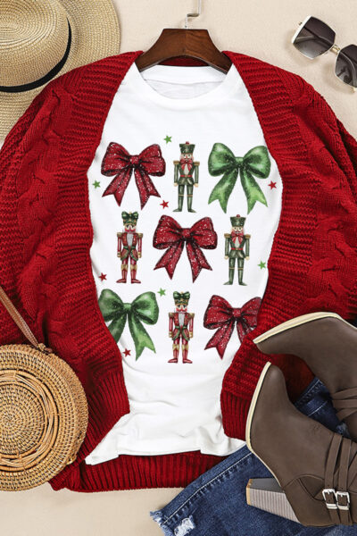 White Bowknot Nutcracker Printed Crewneck Christmas T Shirt