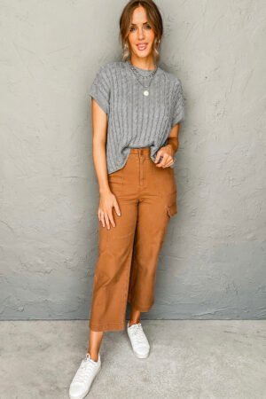 Gray Crew Neck Cable Knit Short Sleeve Sweater - Image 5