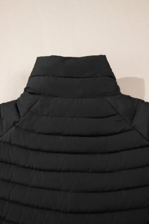 Black Solid Color Quilted Zip-up Puffer Jacket - Image 6