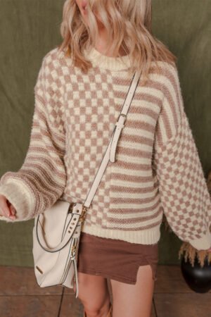 Khaki Stripe Checkerboard Drop Shoulder Balloon Sleeve Sweater - Image 3