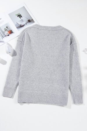 Light Grey Loose Eyelet V Neck Drop Shoulder Sweater - Image 5
