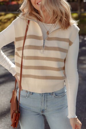 Alternative view of Khaki Stripe Ribbed Half Zip Collared Sweater Vest