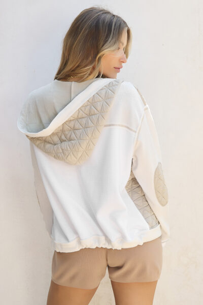 Beige Quilted Textured Patchwork Loose Fit Hooded Jacket