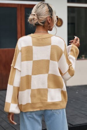 Khaki Checkered Bishop Sleeve Sweater - Image 2