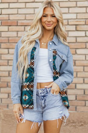 Blue Aztec Printed Denim Jacket - Image 6