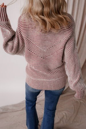 Red Dahlia Striped Print Ribbed Knit Boat Neck Baggy Sweater - Image 2