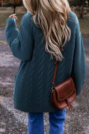 Peacock Blue Cable Knit Button Front Pocketed Baggy Cardigan - Image 2