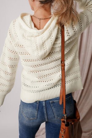 White Pointelle Knit Raglan Sleeve Hooded Sweater - Image 2