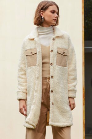 Beige Contrast Flap Pocket Single Breasted Teddy Coat - Image 5