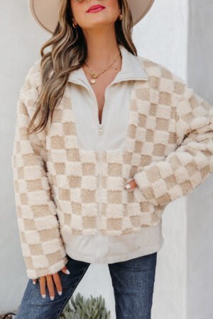 Khaki Checker Sherpa Corduroy Patchwork Zip up Collared Jacket - Image 12