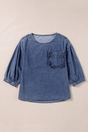 Sky Blue 3/4 Sleeve Ruffled Patched Pocket Denim Blouse - Image 4