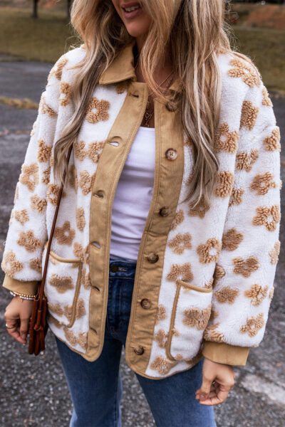 Light French Beige Cute Flower Pattern Button Up Fleece Jacket