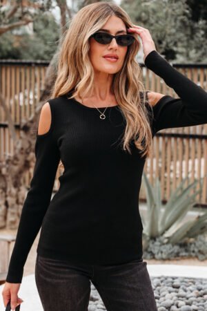 Black Ribbed Knit Cold Shoulder Sweater - Image 12