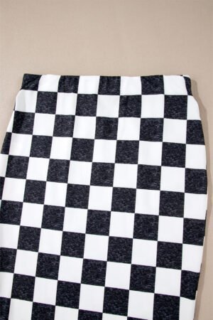 White Checkered Print Side Slit High Waist Midi Skirt - Image 8