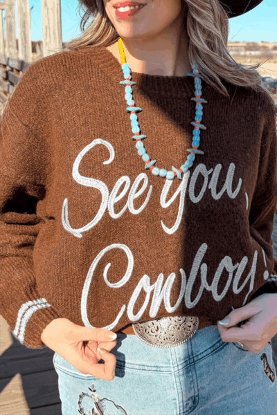 Coffee See You Cowboy Embroidered Western Graphic Sweater