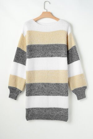 Gray Stripe Colorblock Bubble Sleeve Drop Shoulder Sweater Dress - Image 4