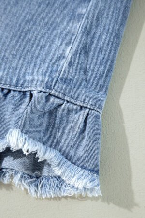 Beau Blue Ruffle Raw Hem Flap Pockets Denim Jacket - Image 10