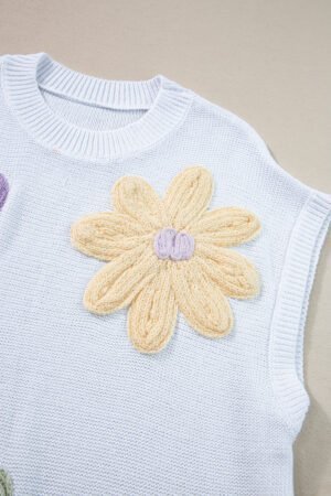 White Multi Crochet Flower Knit Short Sleeve Sweater Tops - Image 7