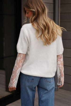 Beige Lace Sleeve Patchwork Faux Two-piece Fuzzy Sweater - Image 2