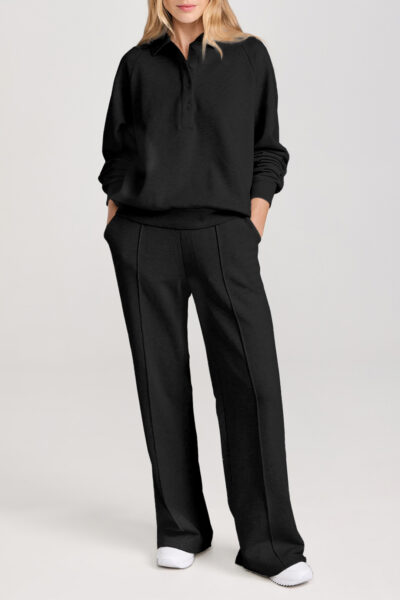 Black Solid Collared Sweatshirt and High Waist Pants Active Set