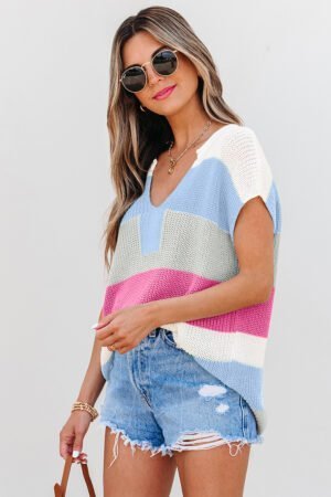 Light Blue Color Block Notch V Neck Sweater T Shirt - Image 2