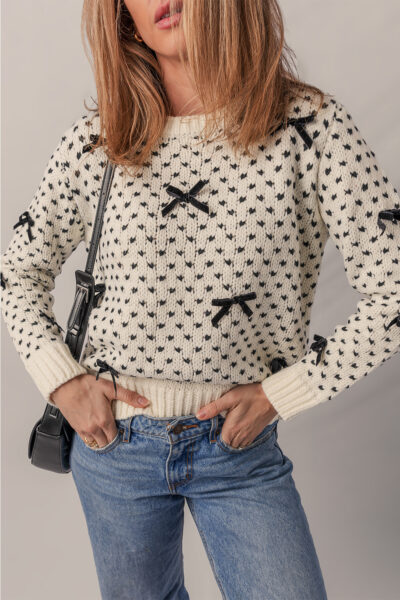 Beige Bow Decor Color Contrast Ribbed Edge Crew Neck Sweater
