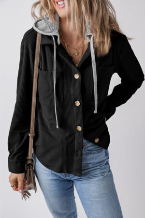 Black Hooded Drawstring Pockets Corduroy Shacket - Image 2