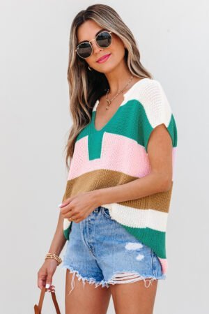 Multicolour Color Block Notch V Neck Sweater T Shirt - Image 3