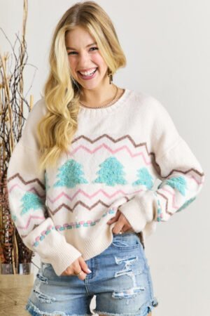 White Striped Christmas Tree Ribbed Trim Drop Shoulder Sweater - Image 5