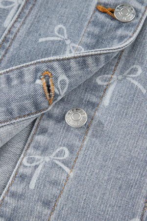 Sky Blue Bow Knot Print Light Wash Raw Hem Denim Jacket - Image 7