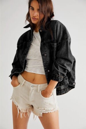 Black Washed Oversize Pocketed Denim Jacket - Image 3