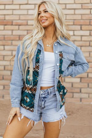 Blue Aztec Printed Denim Jacket - Image 5