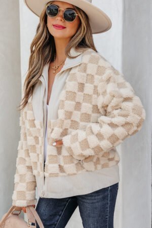 Khaki Checker Sherpa Corduroy Patchwork Zip up Collared Jacket - Image 10