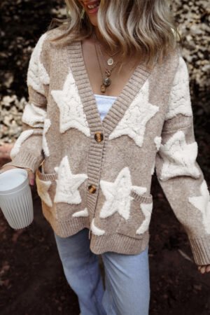 Khaki Sherpa Star Pattern Textured Sweater Cardigan with Pockets - Image 3
