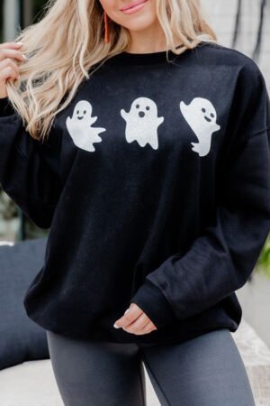 Black Halloween Ghosts Print Round Neck Sweatshirt - Image 8