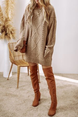 Parchment Cable Knit Drop Shoulder Loose Fit Sweater Dress - Image 5