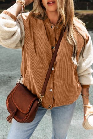 Buckskin Corduroy Fleece Patchwork Buttoned Bomber Jacket - Image 3