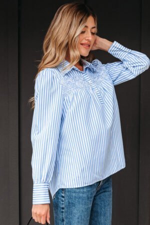Sky Blue Stripe Shirred Detail Half Placket Collared Long Sleeve Fall Shirt - Image 12