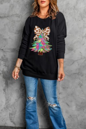 Black Bowknot Christmas Tree Shiny Graphic Sweatshirt - Image 5