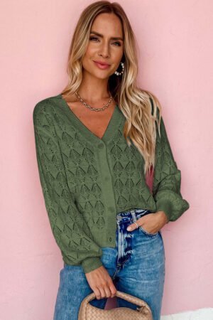 Green Lightweight Buttoned Front Crochet Cardigan - Image 3