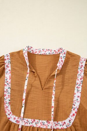 Straw Yellow Split Neck Pleated Floral Trim Long Puff Sleeve Blouse - Image 3