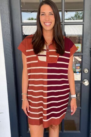 Brown Stripe Color Block Quarter Zip Collar Short Sleeve Sweater Dress - Image 5