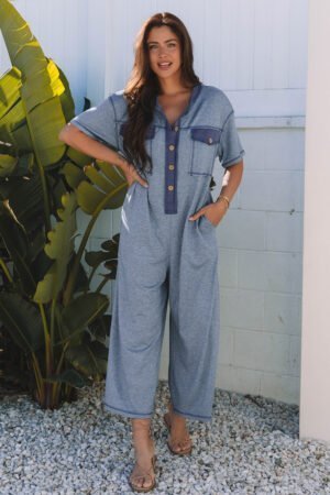 Beau Blue Half Placket Chest Pockets Short Sleeve Wide Leg Jumpsuit - Image 6