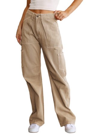 Khaki High Waist Straight Leg Cargo Pants with Pockets - Image 5