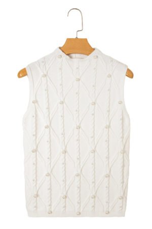White Pearled High Neck Textured Knit Sweater Vest - Image 18