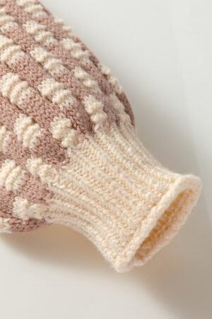Khaki Stripe Checkerboard Drop Shoulder Balloon Sleeve Sweater - Image 7
