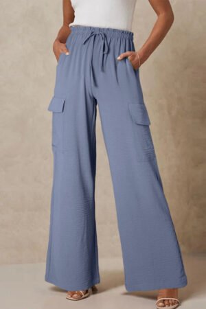 Dark Grey Drawstring Frilled Elastic Waistband Wide Leg Utility Trousers