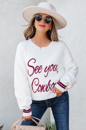 White See You Cowboy Embroidered Western Graphic Sweater - Image 5