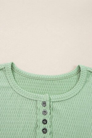 Meadow Mist Green Textured Knit Drop Shoulder Color Block Detail Long Sleeve Henley Top - Image 6
